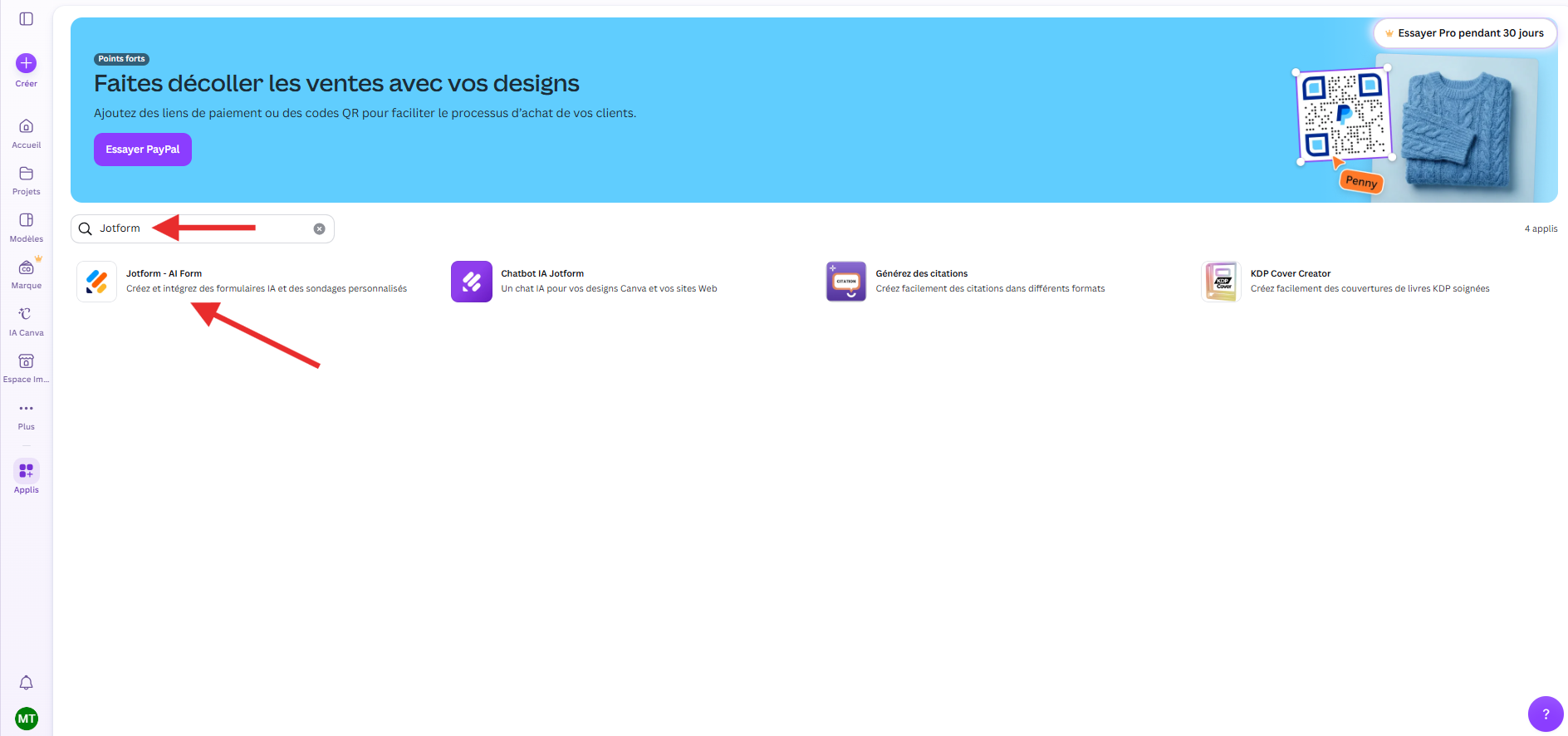 Capture d'écran de l'interface Canva avec une flèche pointant vers Jotform saisi dans le champ de recherche et une autre vers Jotform - AI Form dans les résultats de recherche