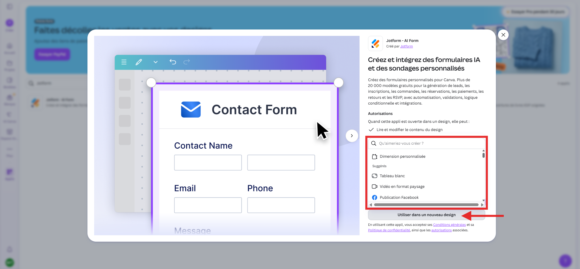 Capture d'écran de l'application Jotform pour Canva avec un encadré autour des options du bouton  Utiliser dans un nouveau design