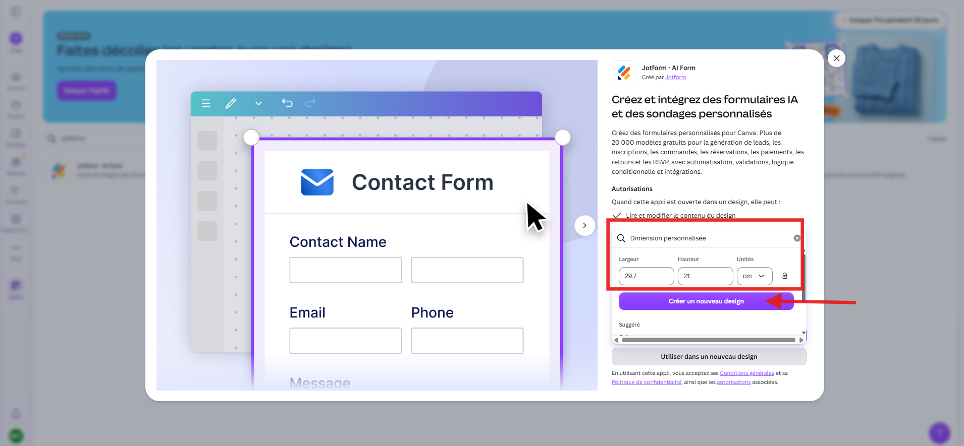 Capture d'écran de l'application Jotform pour Canva avec un encadré autour de l'option Dimension personnalisée et une flèche pointant vers le bouton Créer un nouveau design