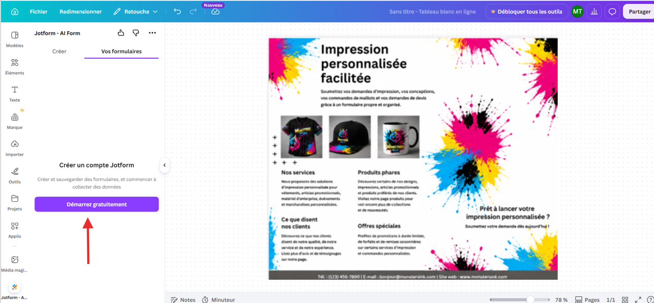 Capture d'écran d'un design Canva dans l'éditeur de design Canva de l'application Jotform pour Canva avec l'onglet Vos formulaires et une flèche pointant vers le bouton Démarrez gratuitement