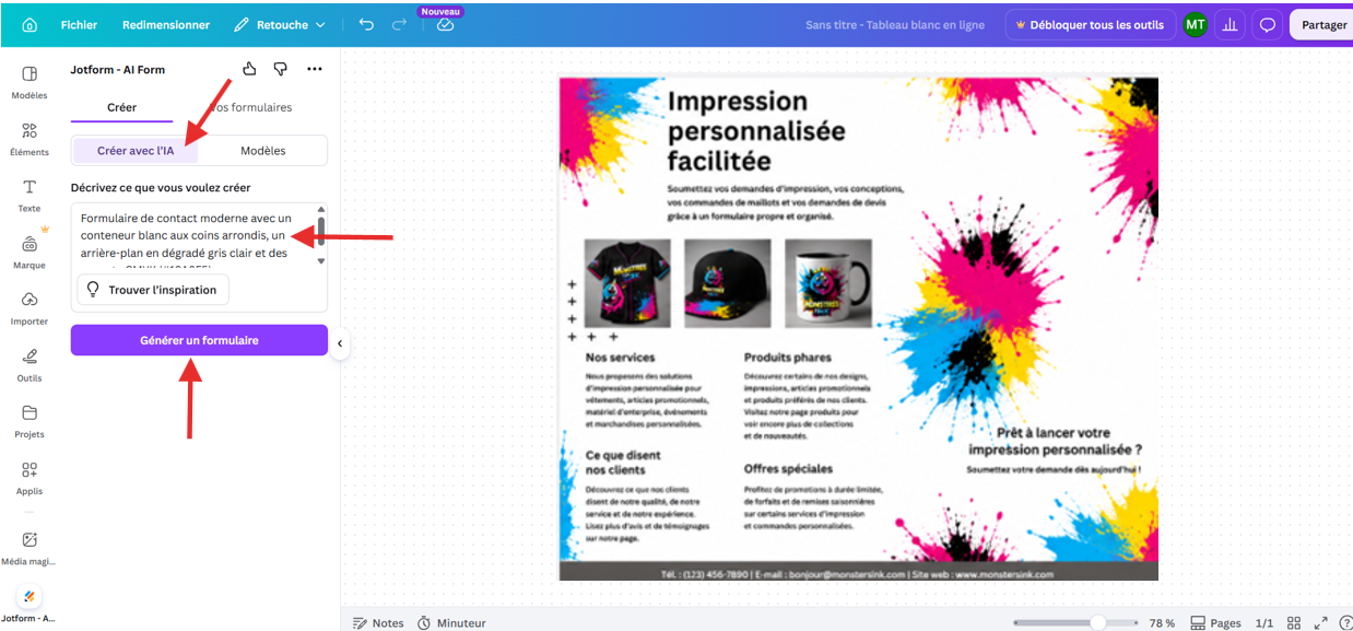 Capture d'écran de l'interface Jotform pour Canva avec une flèche pointant vers Créer avec l'IA, une autre vers le prompt saisi et une troisième vers Générer le formulaire