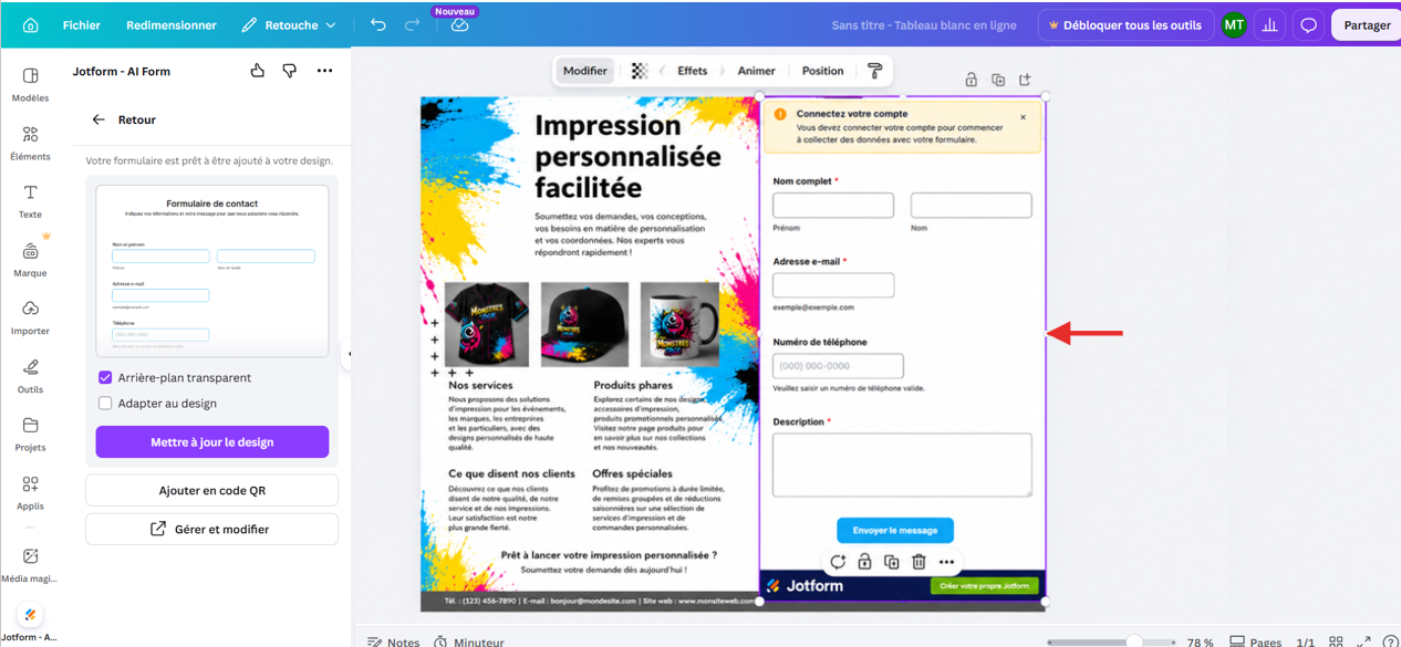 Capture d'écran de l'interface Jotform pour Canva avec un formulaire Jotform généré par l'IA dans un design dans l'éditeur de design Canva