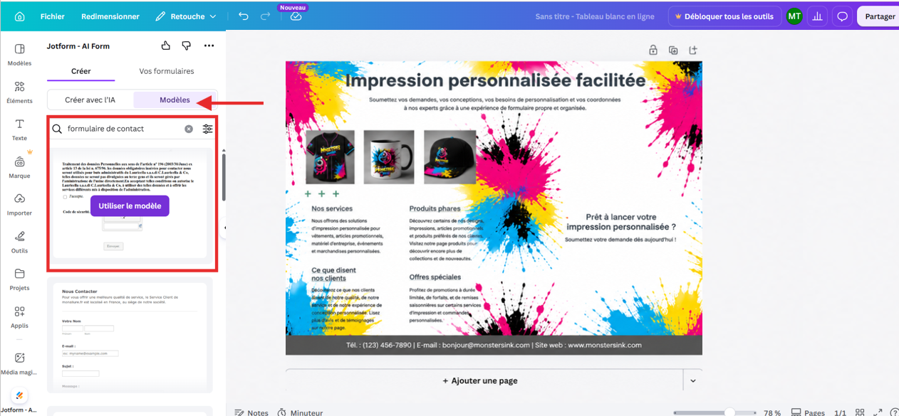 Capture d'écran de l'interface de l'éditeur de design Canva de l'application Jotform pour Canva avec une flèche pointant vers le bouton Modèles et un encadré autour du modèle de  formulaire Jotform intégré