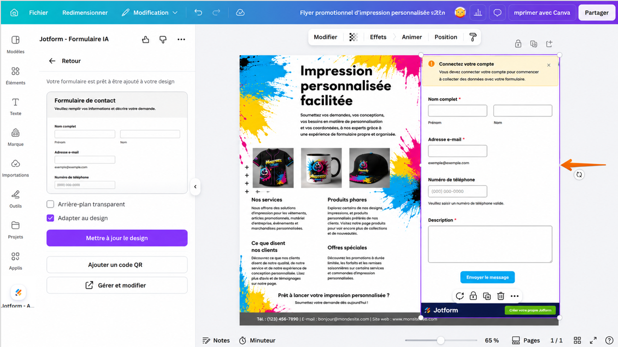 Capture d'écran d'un formulaire Jotform créé à partir d'un modèle intégré dans un design Canva dans l'éditeur de design Canva de l'application Jotform pour Canva
