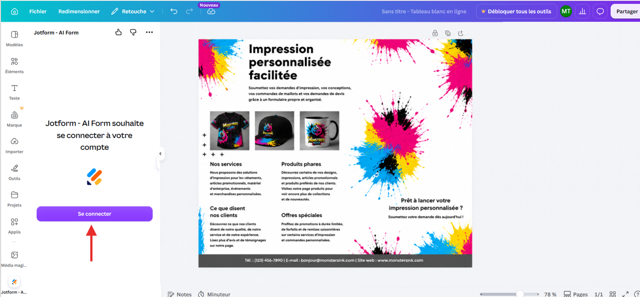 Capture d'écran d'un design Canva dans l'éditeur de design Canva de l'application Jotform pour Canva avec une flèche pointant vers le bouton Se connecter