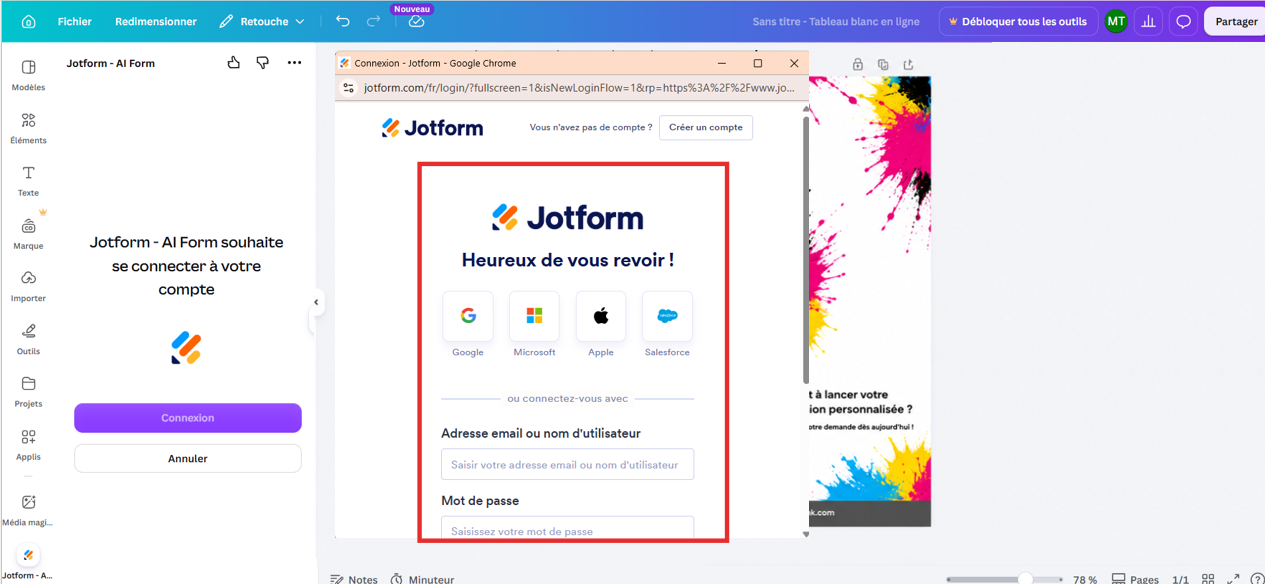Capture d'écran de la fenêtre de connexion Jotform de l'application Canva de Jotform dans l'éditeur de design Canva de Canva