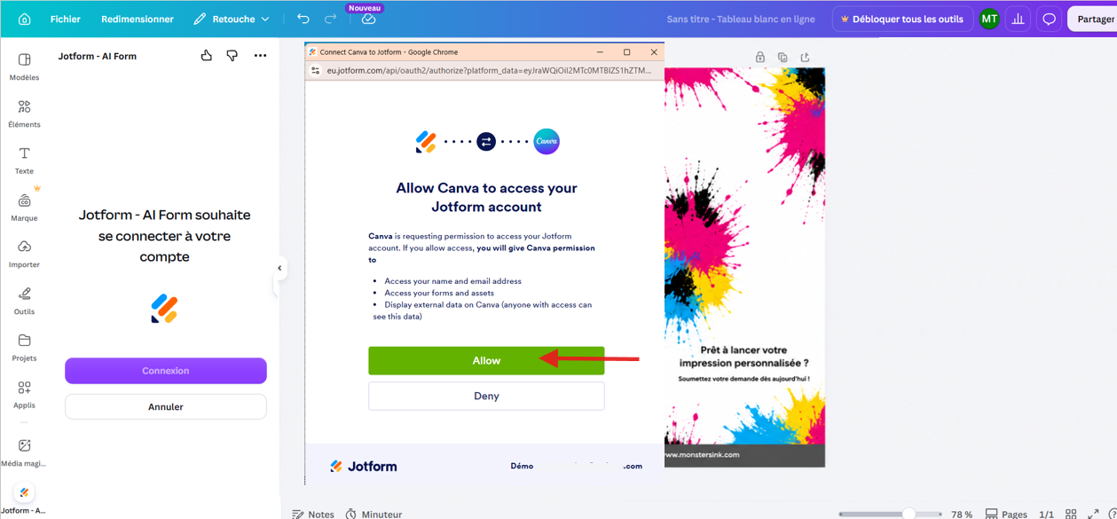 Capture d'écran de la fenêtre Autoriser l'accès à Canva de l'application Jotform pour Canva dans l'éditeur de designs Canva