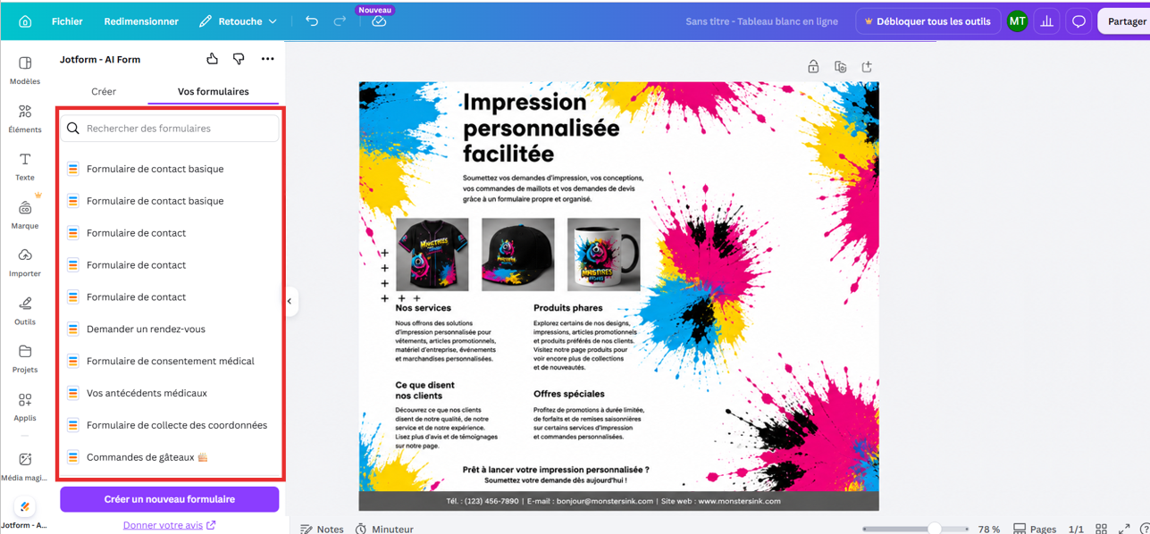 Capture d'écran de la fenêtre Autoriser l'accès à Canva de l'application Jotform pour Canva dans l'éditeur de designs Canva avec la liste des formulaires Jotform sous l'onglet Vos formulaires