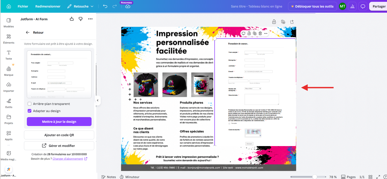 Capture d'écran du formulaire Jotform ajouté au design Canva dans l'éditeur de designs Canva de l'application Jotform pour Canva