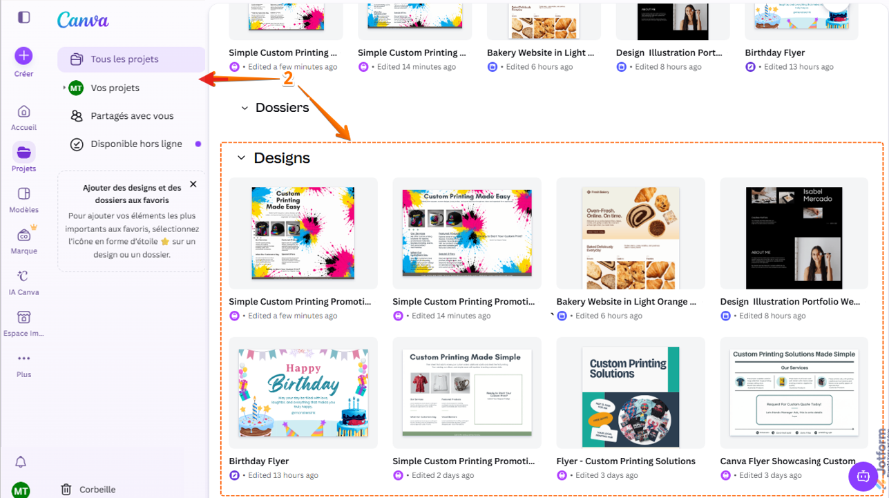 Capture d'écran des designs dans la section Designs sous l'onglet Tous les projets de l'option Projets dans l'interface du compte Canva