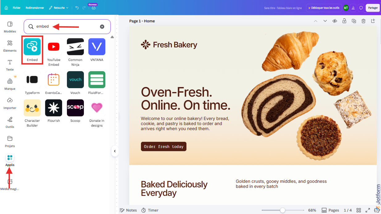 Capture d'écran de l'interface de l'éditeur de design Canva avec une flèche pointant vers Applis, une autre vers Embed qui est saisi dans le champ de recherche et un encadré autour de l'icône Embed