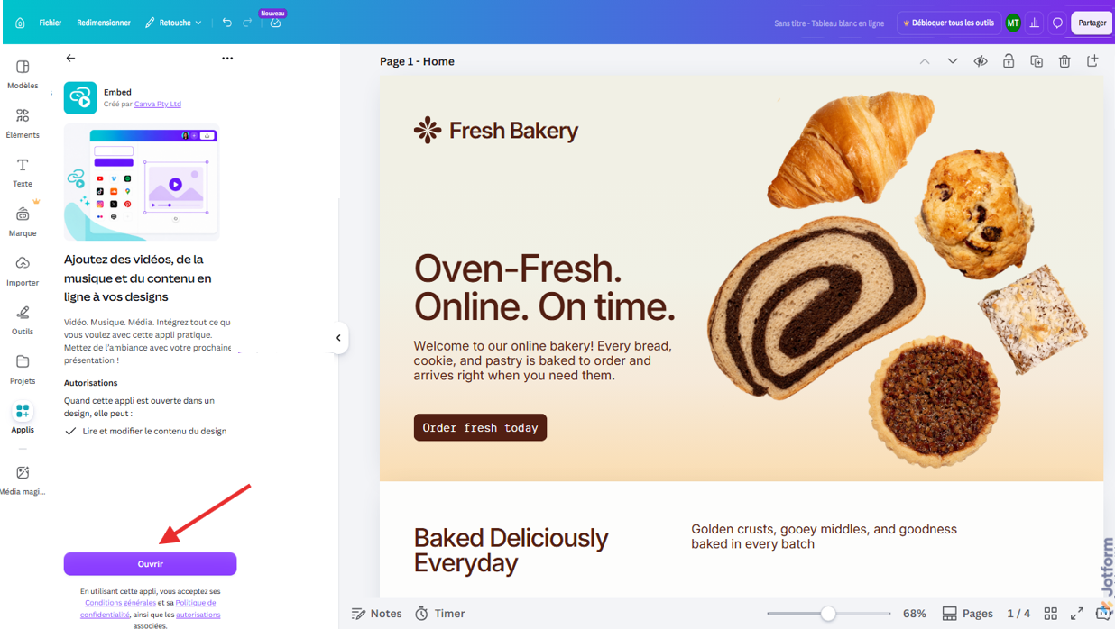 Capture d'écran de la page Embed dans l'interface de l'éditeur de design Canva avec une flèche pointant vers Ouvrir