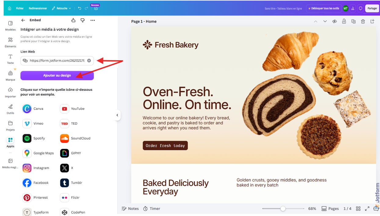 Capture d'écran de la page Embed dans l'interface de l'éditeur de design Canva avec une flèche pointant vers l'URL ajouté au champ Lien Web et une autre vers Ajouter au design
