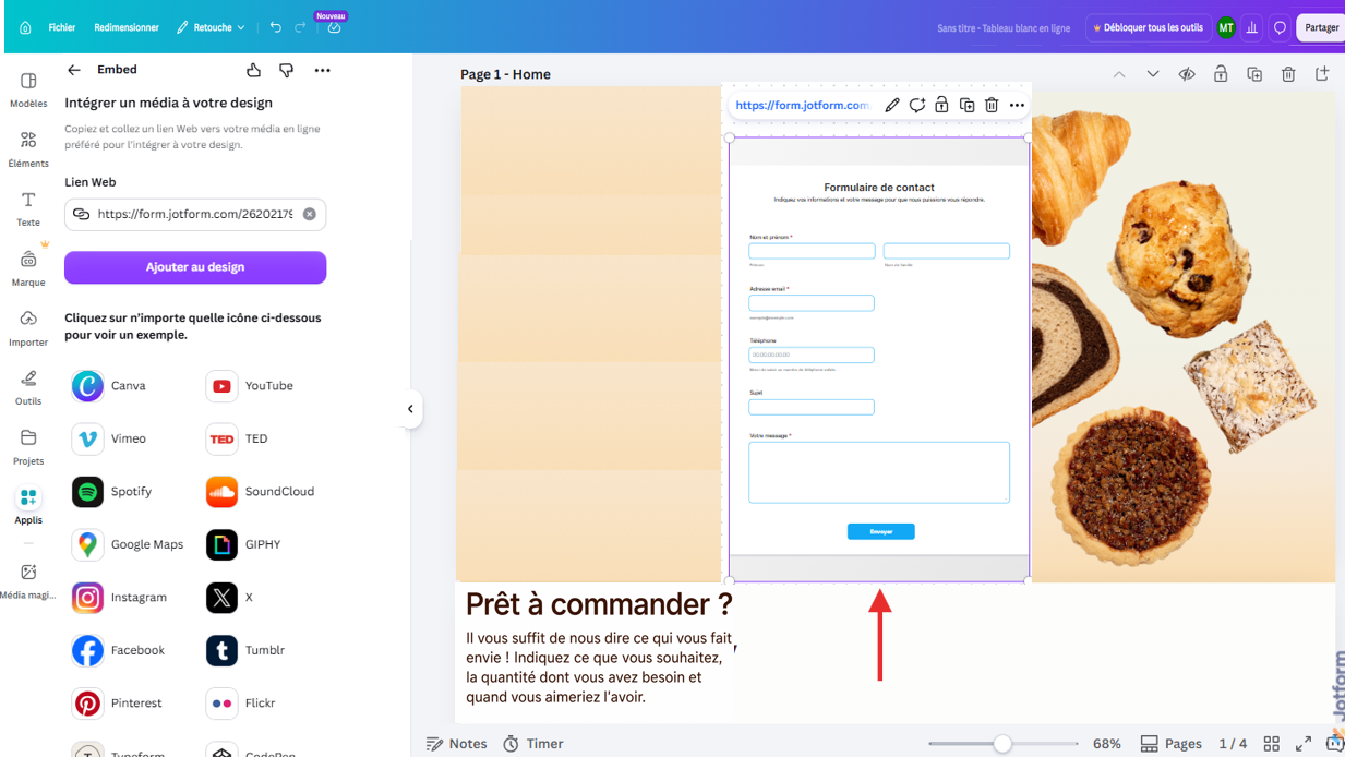 Capture d'écran d'un formulaire Jotform intégré dans un site web Canva dans l'éditeur de design Canva