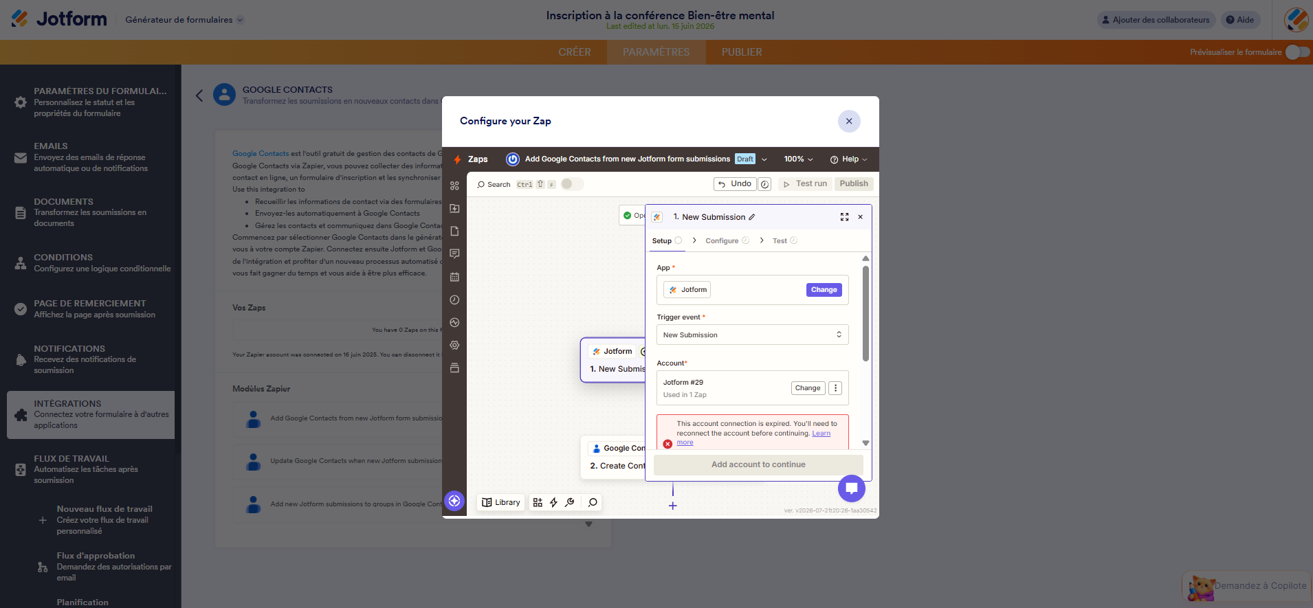 Capture d'écran de l'interface du Générateur de formulaires Jotform avec la fenêtre modale Configurer un Zap