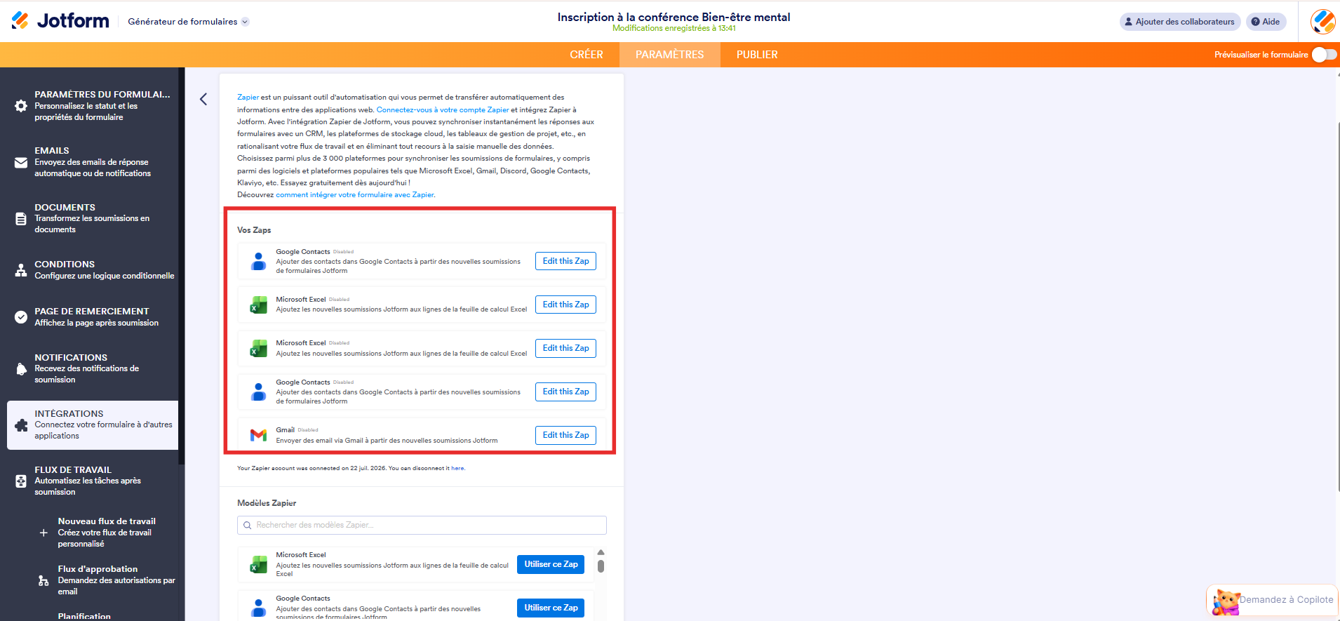 Capture d'écran de la page de l'intégration Zapier dans l'interface du Générateur de formulaires Jotform avec un encadré autour des connexions Zap existantes