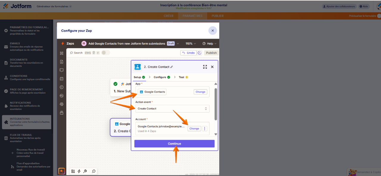 Capture d'écran de la page de l'intégration Zapier dans l'interface du Générateur de formulaires Jotform avec la fenêtre modale Créer un contact avec une flèche vers Google Contacts, une autre vers Créer un contact, une troisième vers Modifier et une quatrième vers le bouton Continuer