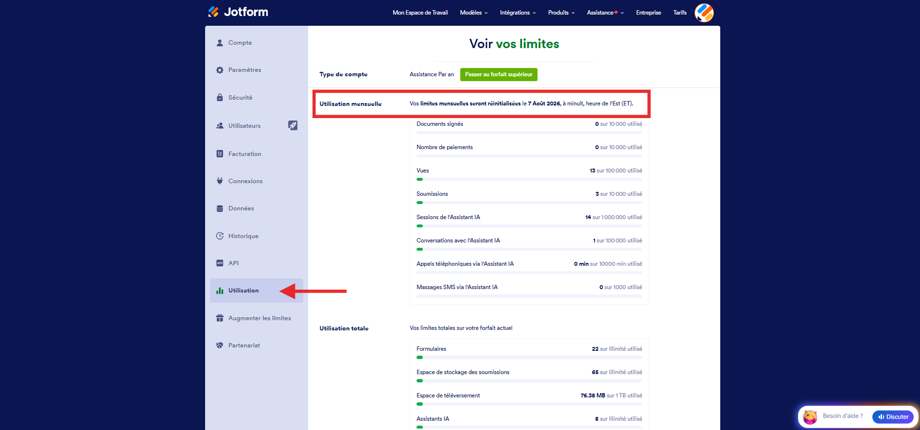 Capture d'écran de la page Voir vos limites avec une flèche pointant vers Utilisation et un encadré autour de l'utilisation actuelle et de la date de réinitialisation mensuelle