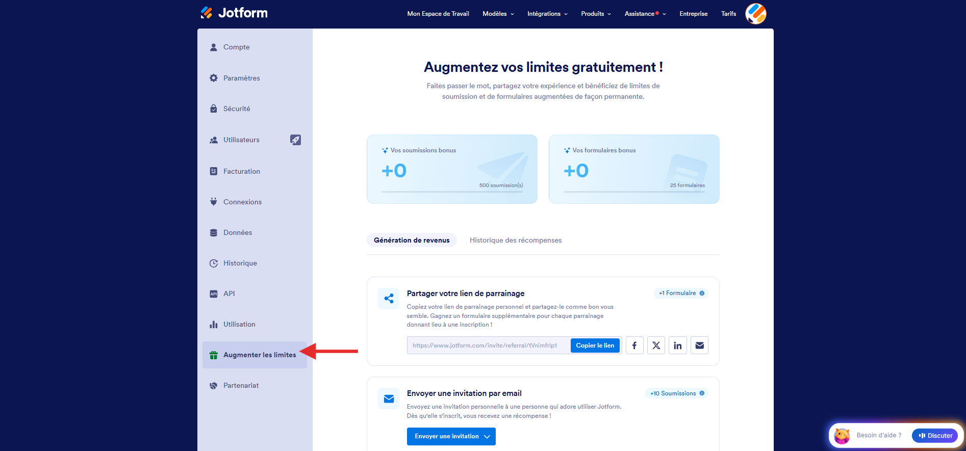 Capture d'écran de la page Augmentez vos limites gratuitement ! du compte Jotform avec une flèche vers l'option  Augmenter les limites