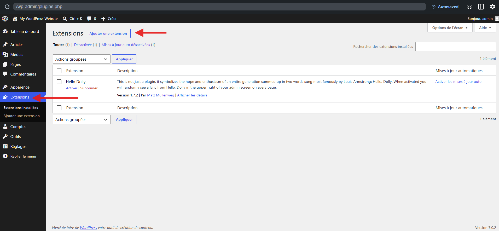 Capture d'écran de la page des extensions dans le tableau de bord WordPress avec une flèche pointant vers Extensions dans le volet de gauche et une autre vers Ajouter une extension