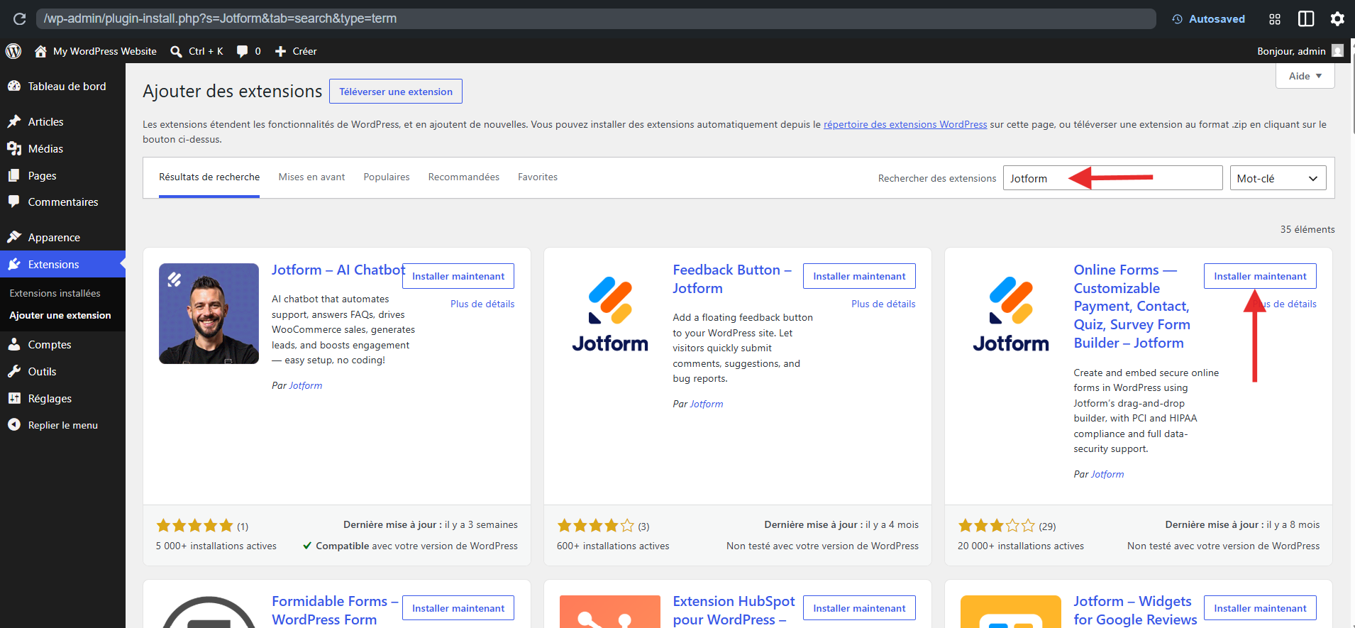 Capture d'écran de la page Ajouter des extensions dans le tableau de bord WordPress avec une flèche vers Jotform saisi dans le champ Rechercher des extensions et une autre vers Installer maintenant dans Jotform Online Forms