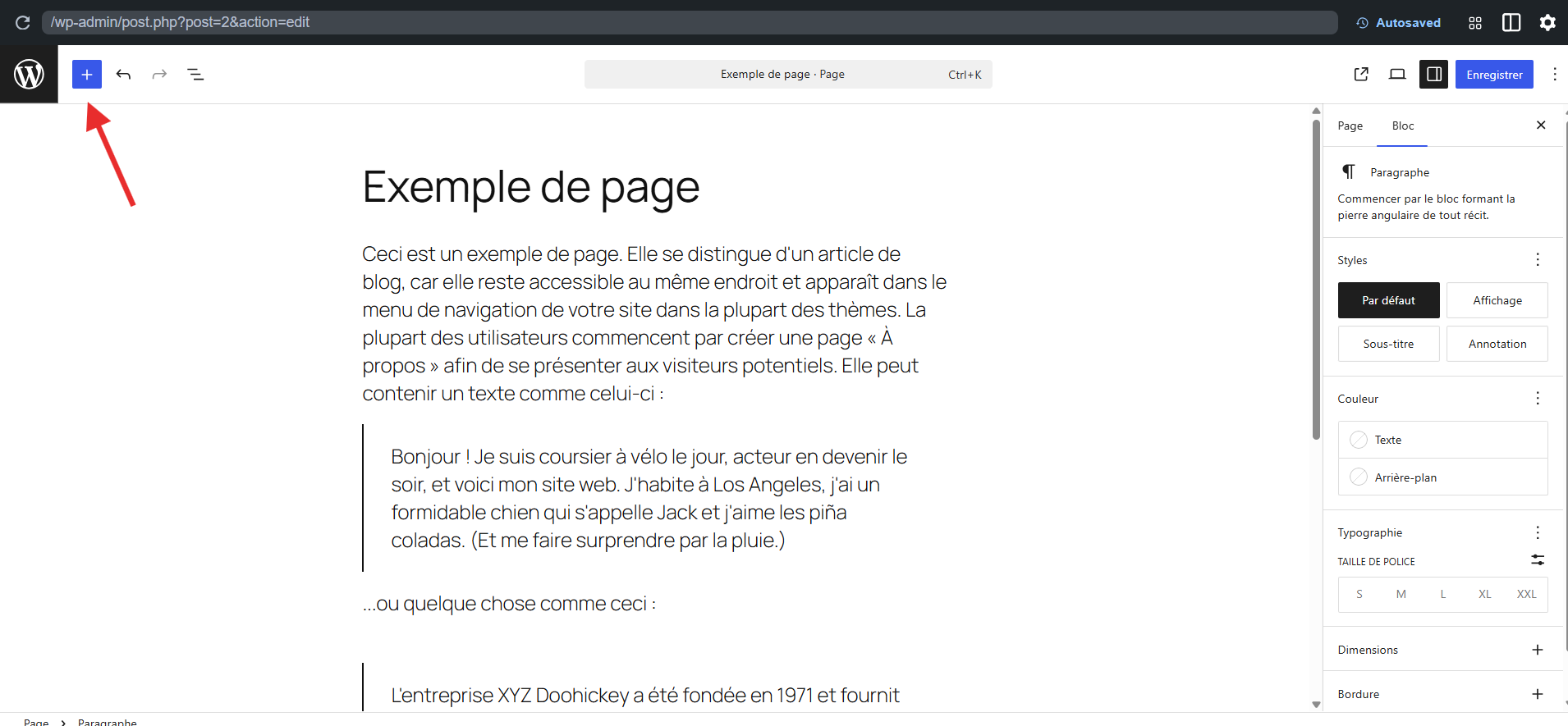 Capture d'écran d'une page dans l'éditeur WordPress avec une flèche vers le bouton Plus en haut à gauche