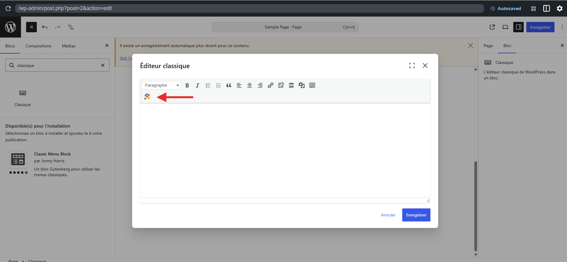 Capture d'écran de la fenêtre Éditeur Classique dans l'éditeur de pages WordPress avec une flèche vers le logo Jotform
