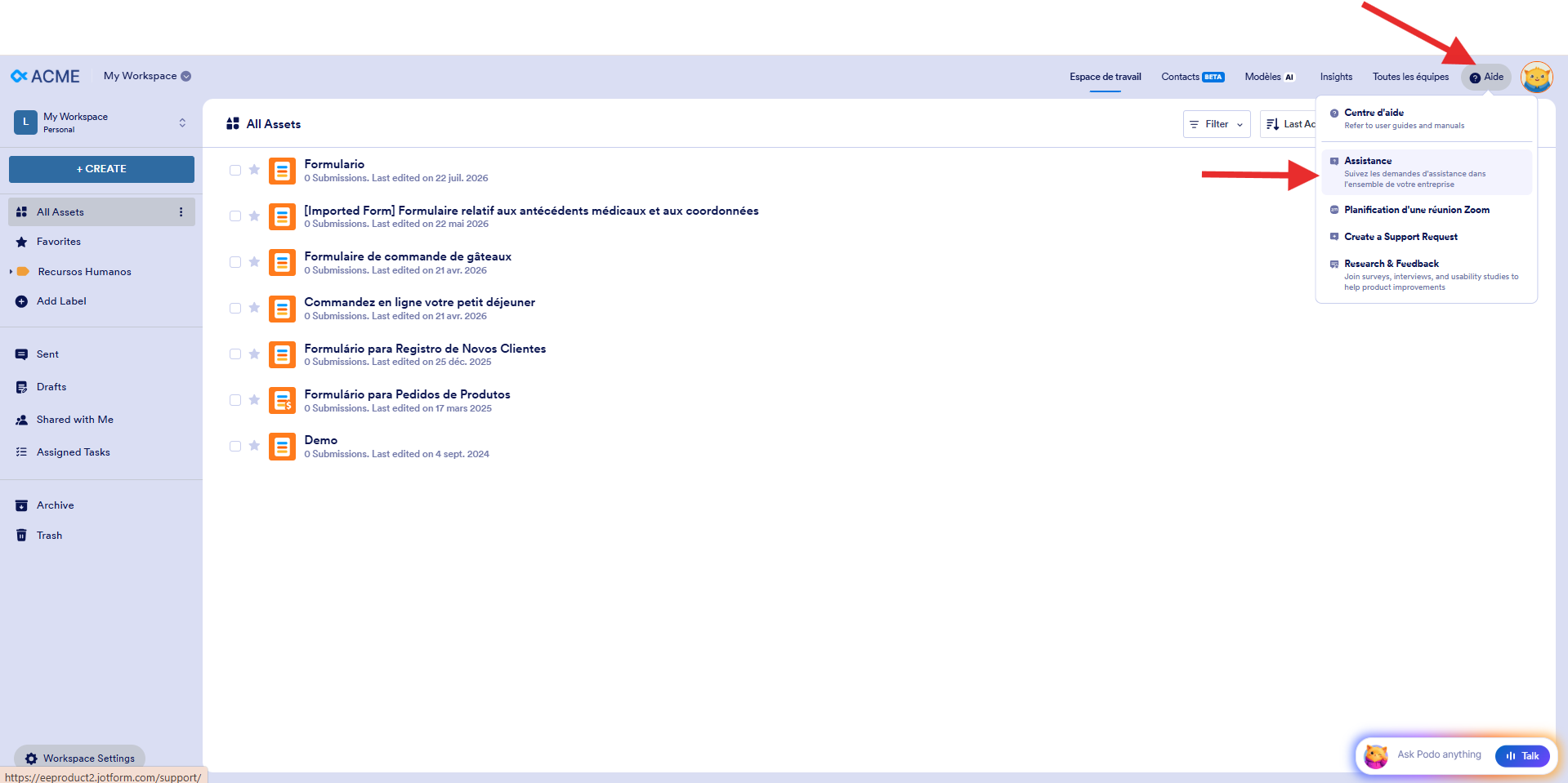 Capture d'écran de la page Mon Espace de Travail dans l'interface Jotform Entreprise avec une flèche pointant vers Aide et une autre vers Assistance dans le menu qui s'ouvre
