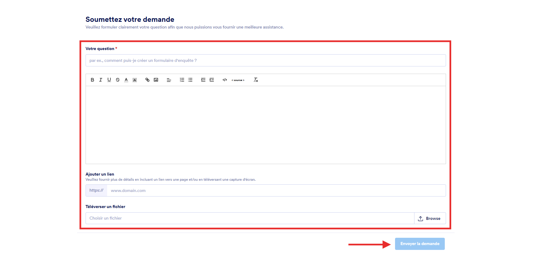 Capture d'écran de la page Soumettez votre demande dans l'interface Jotform Entreprise avec un encadré autour des champs à renseigner et une flèche vers le bouton Envoyer la demande