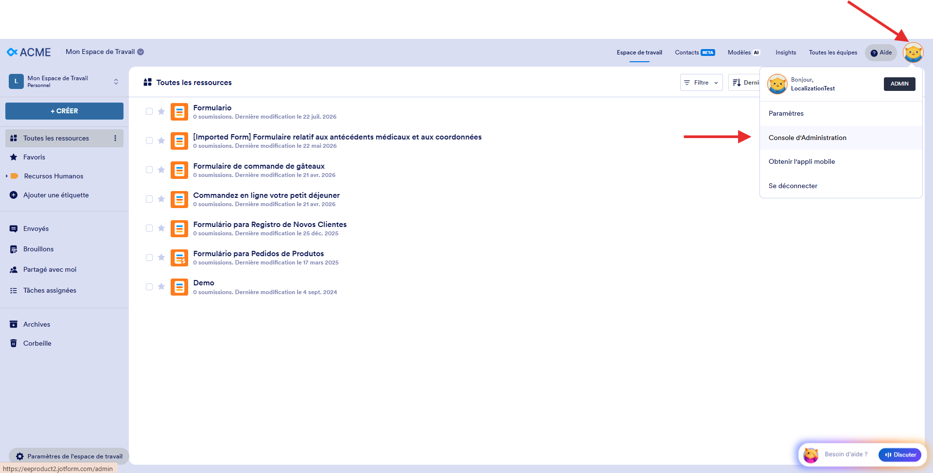 Capture d'écran de la page Mon Espace de Travail dans l'interface Jotform Entreprise avec une flèche pointant vers l'avatar et une autre vers Console d'administration dans le menu qui s'ouvre