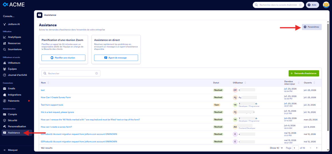 Capture d'écran de la page Assistance dans l'interface Jotform Entreprise avec une flèche pointant vers Assistance dans le volet de gauche et une autre vers le bouton Paramètres