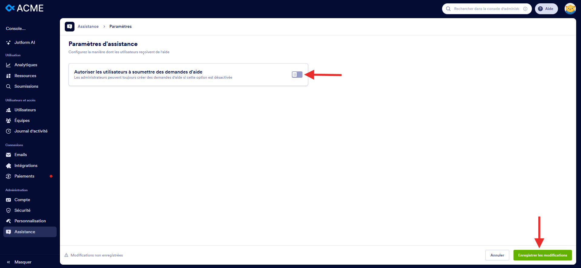 Capture d'écran de la page Paramètres d'assistance dans l'interface Jotform Entreprise avec une flèche pointant vers le bouton bascule Autoriser les utilisateurs à soumettre des demandes d'assistance et une autre vers le bouton Enregistrer les modifications