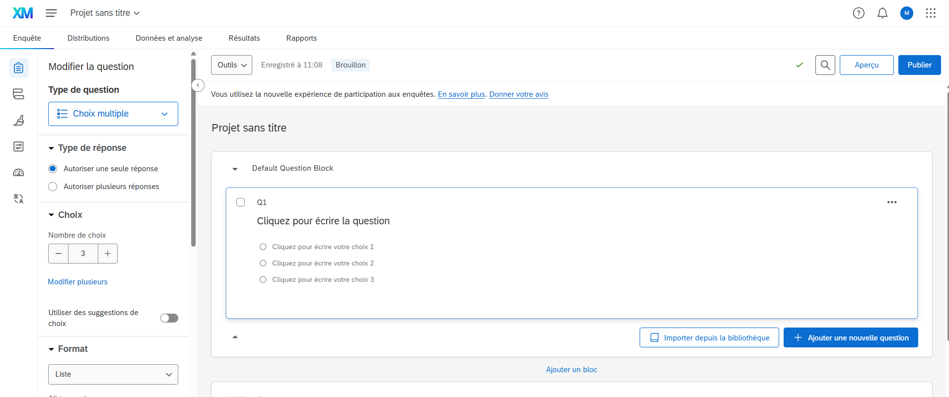 Capture d'écran de l'interface du générateur de questionnaires et sondages Qualtrics