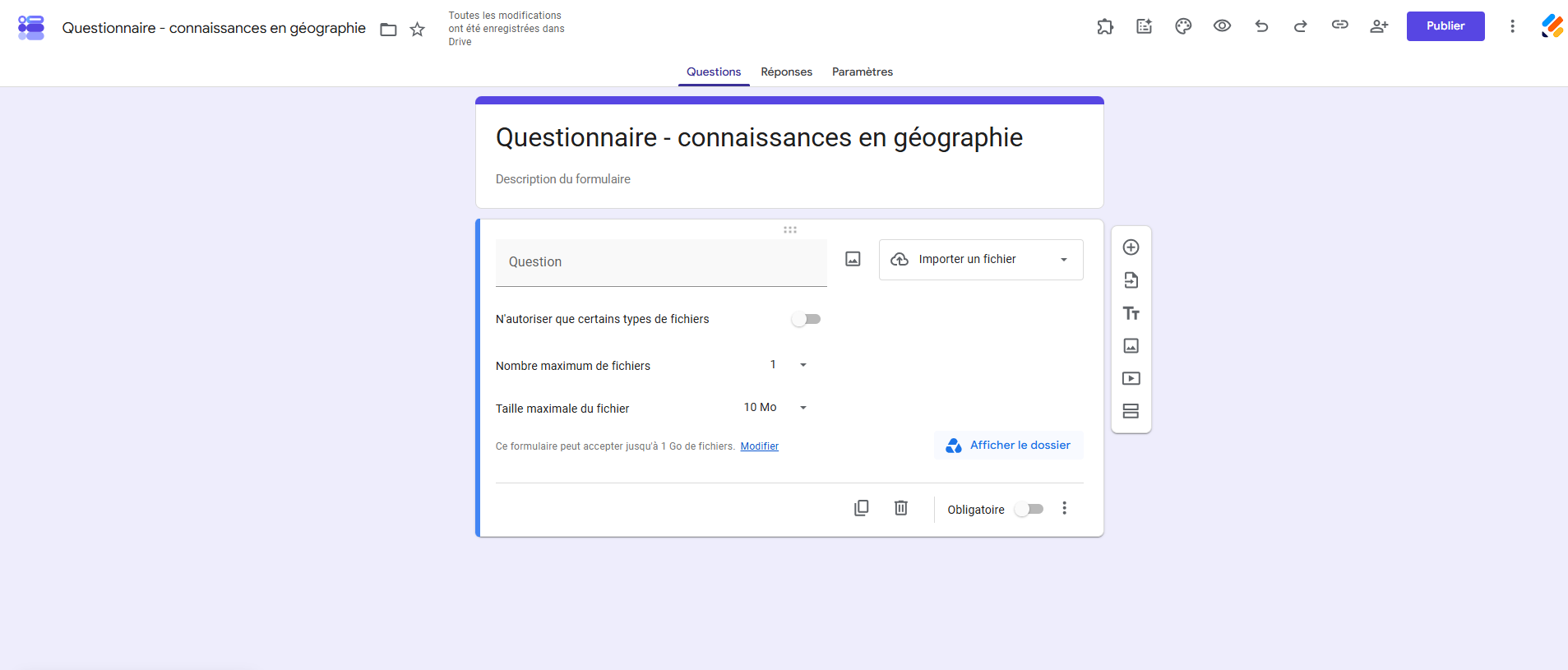 Type de question Importer un fichier Google Forms