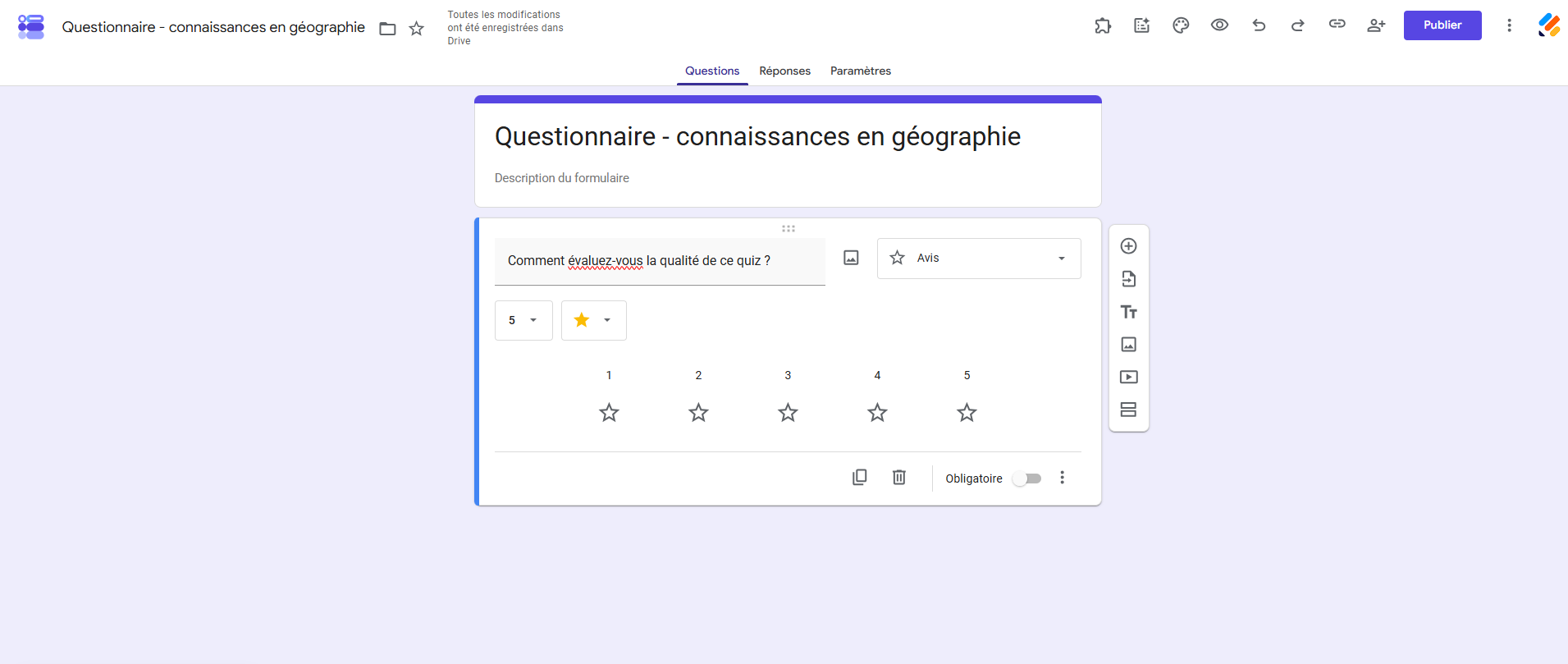 Capture d'écran d'un questionnaire de connaissances en géographie créé dans Google Forms avec une question de type Avis