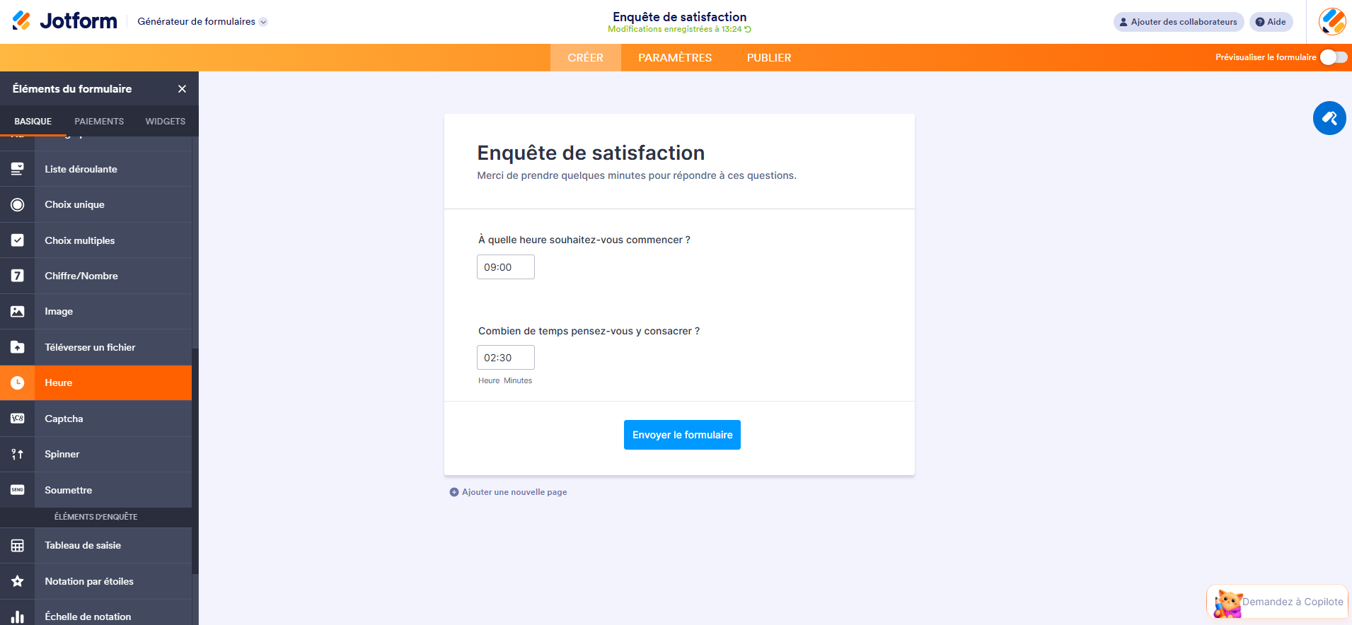 Capture d'écran d'un quiz créé dans Jotform avec deux questions de type Heure