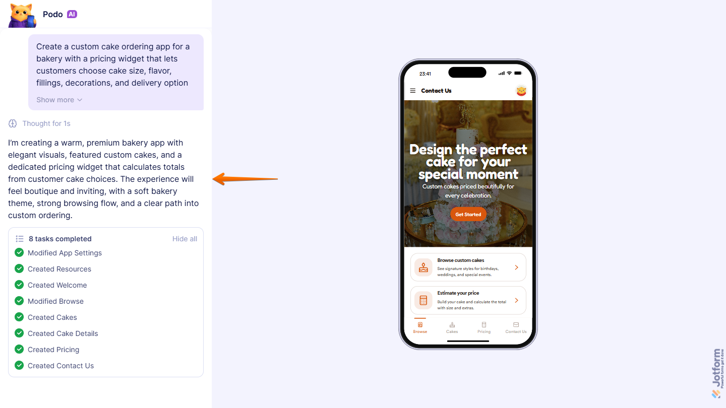 App creation progress and preview on Jotform AI Creation Page