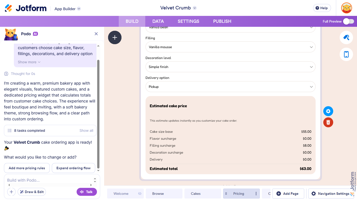 Newly created AI-generated app with AI widget in Jotform App Builder