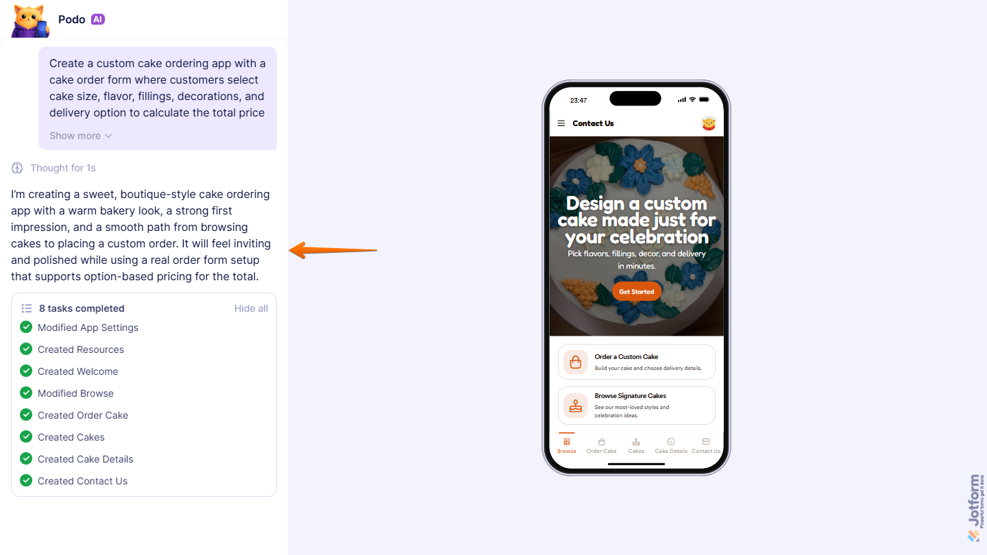 App creation progress and preview on Jotform AI Creation Page