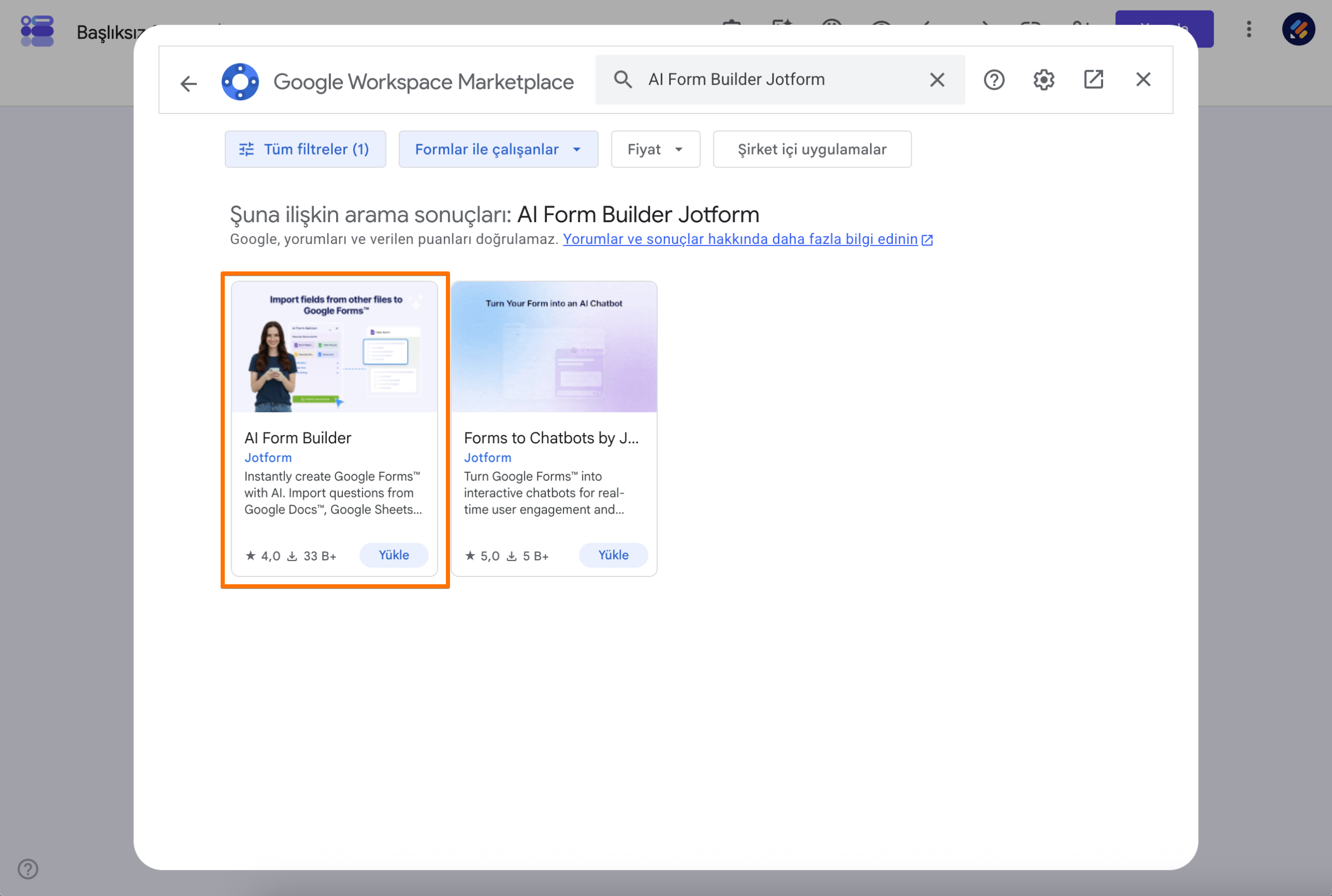 Google Workspace Marketplace Pop-up Yapay Zeka Form Oluşturucu eklentisi
