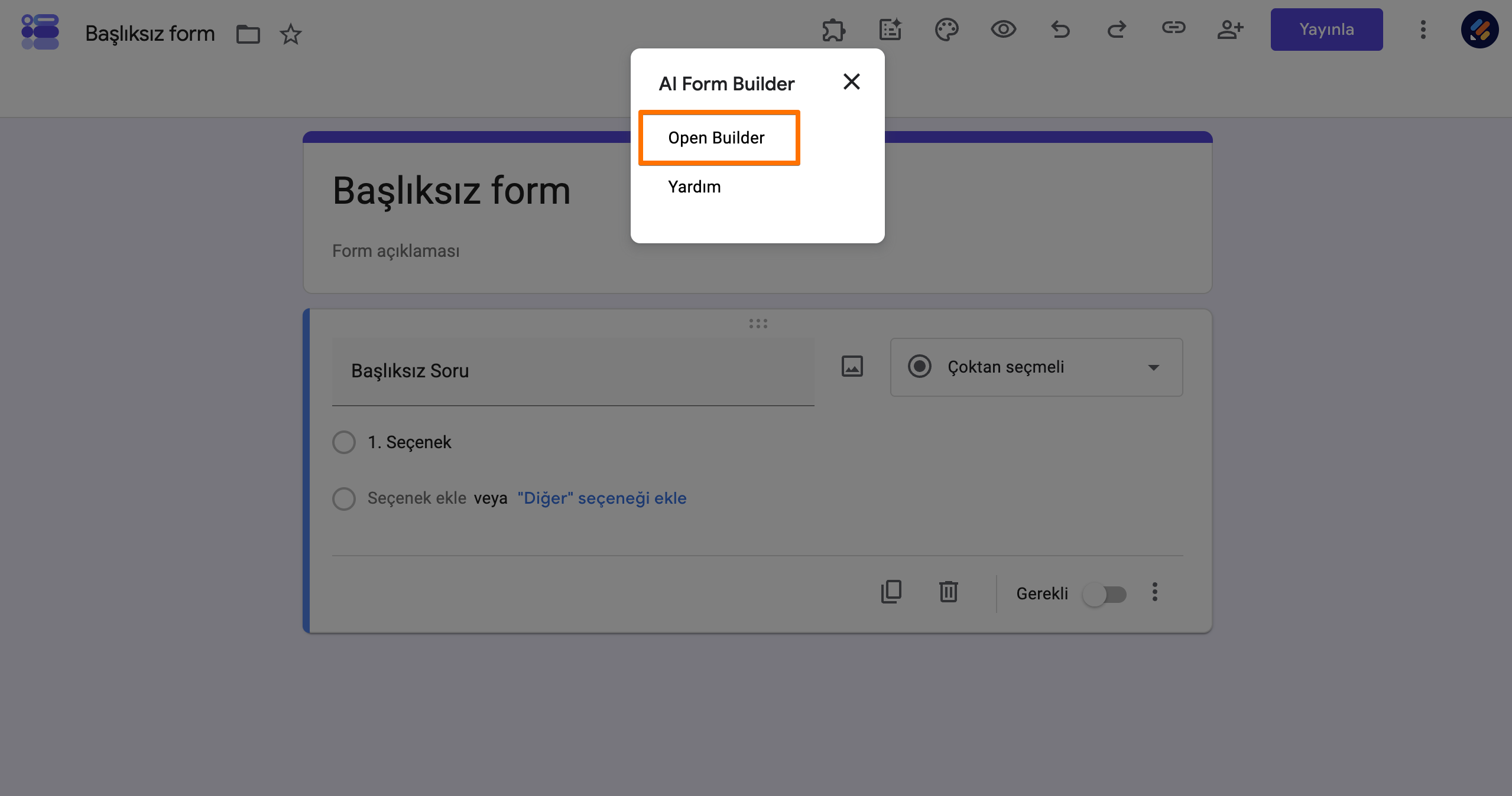 AI Form Builder Builder'ı Aç Seçeneği