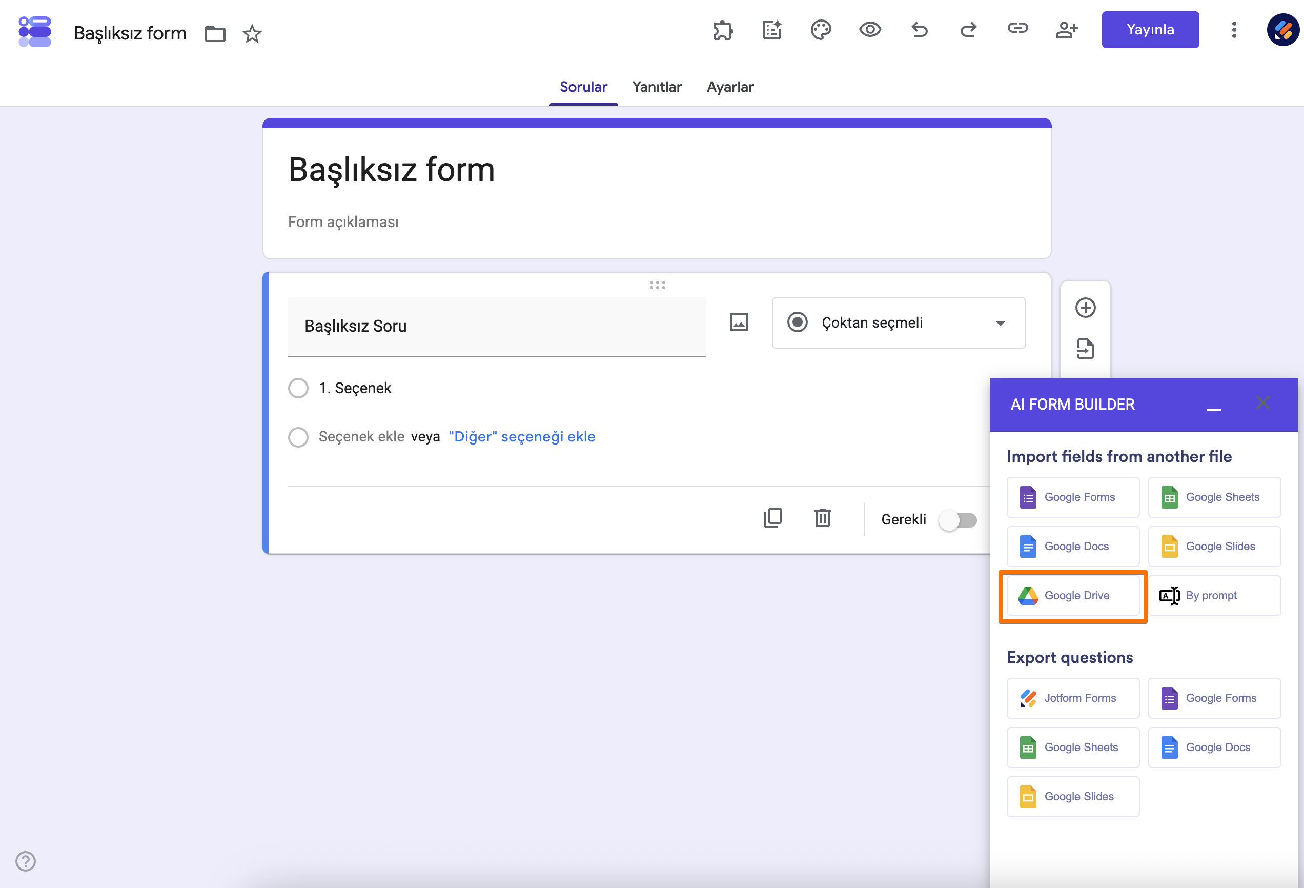 AI Form Builder Eklentisi Google Dokümanlar