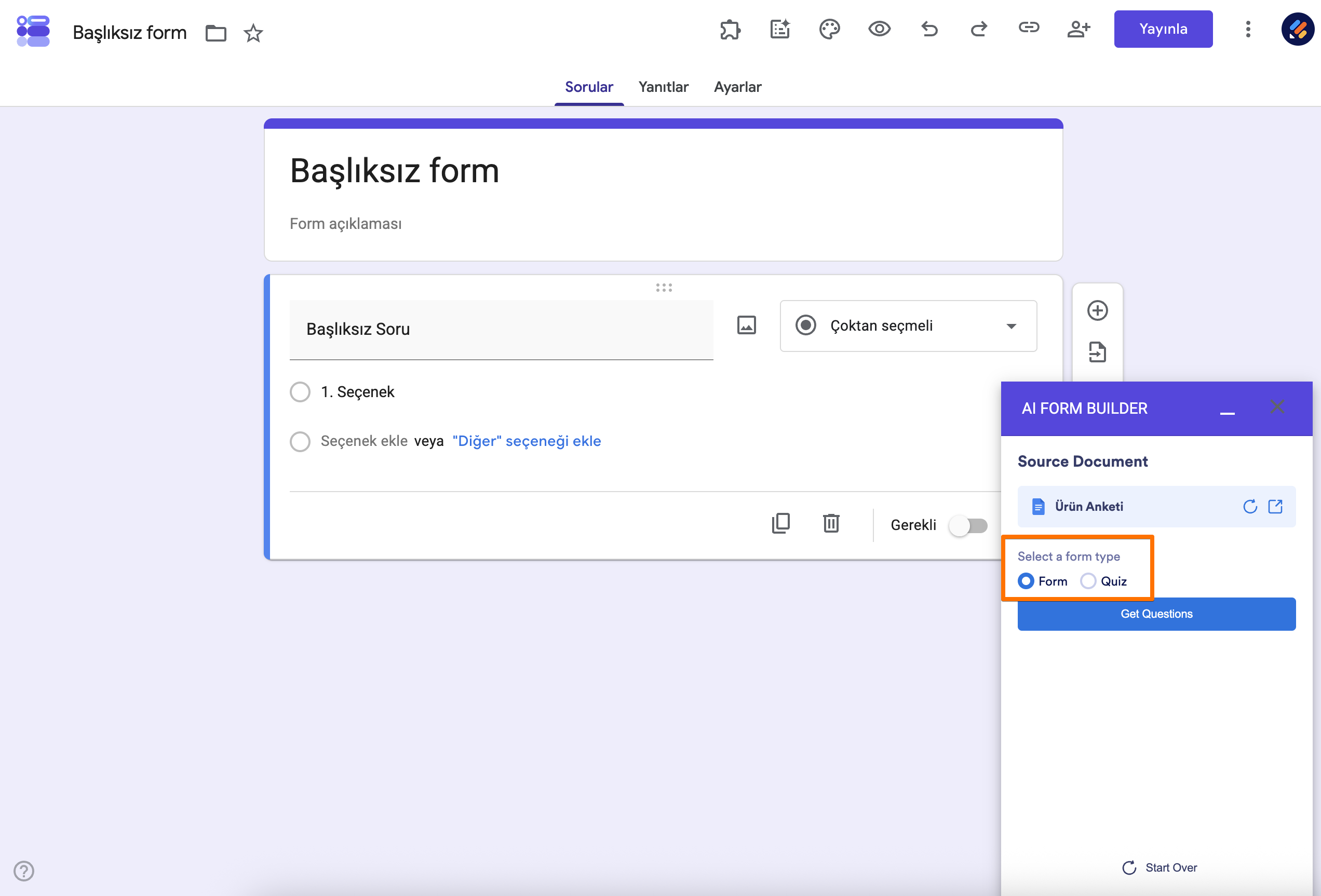 AI Form Builder Form türü seçin Seçeneği