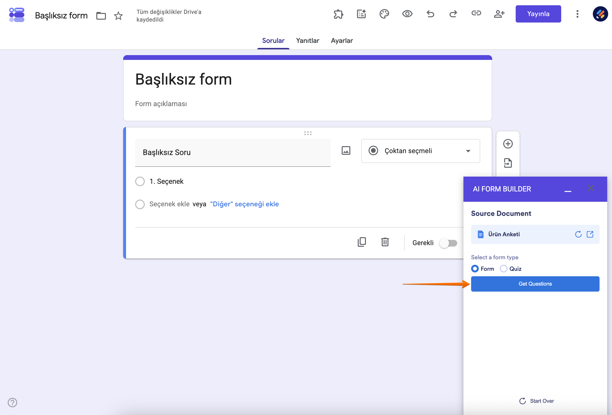 AI Form Builder Soruları Al butonu