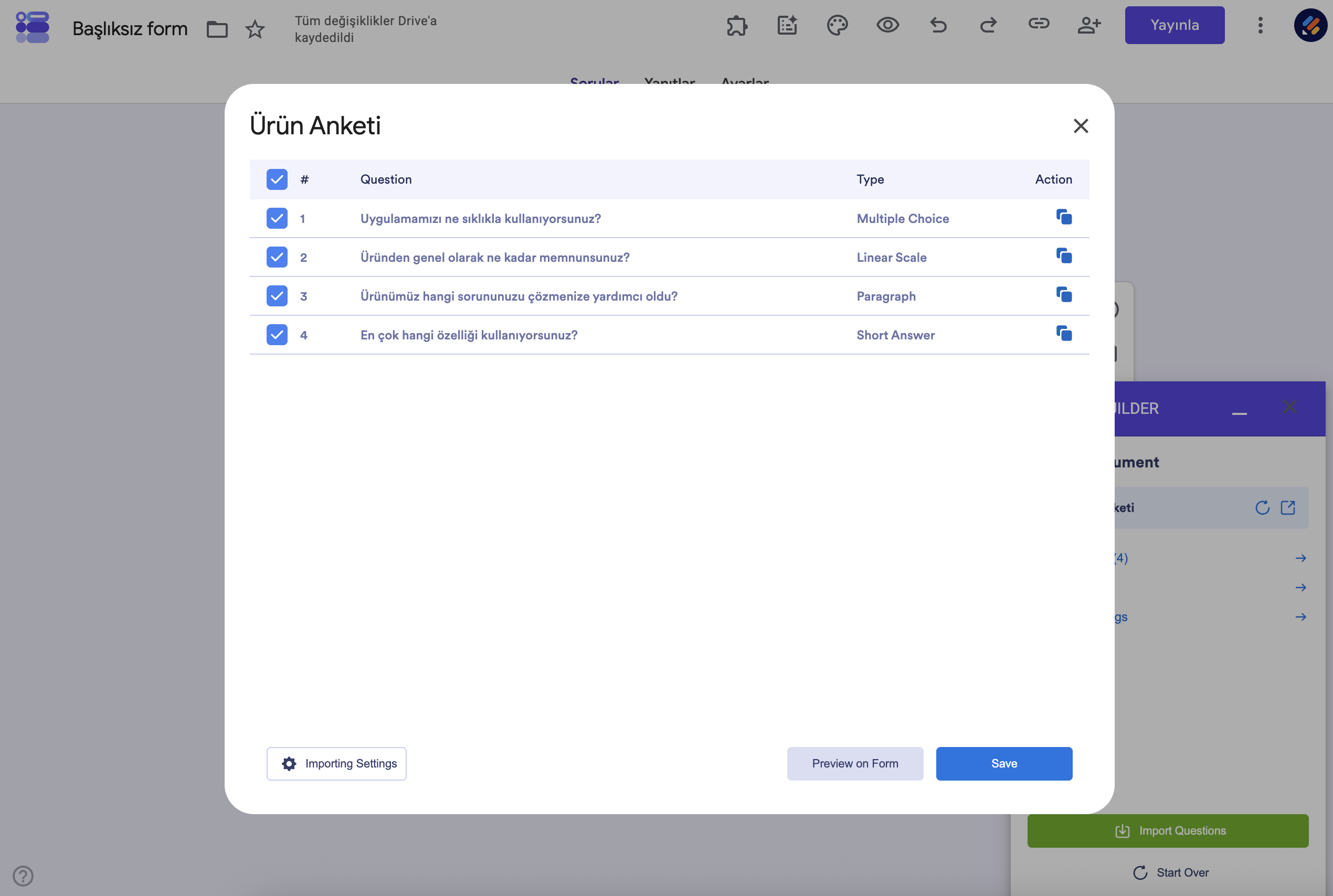 AI Form Builder Oluşturulan Sorular