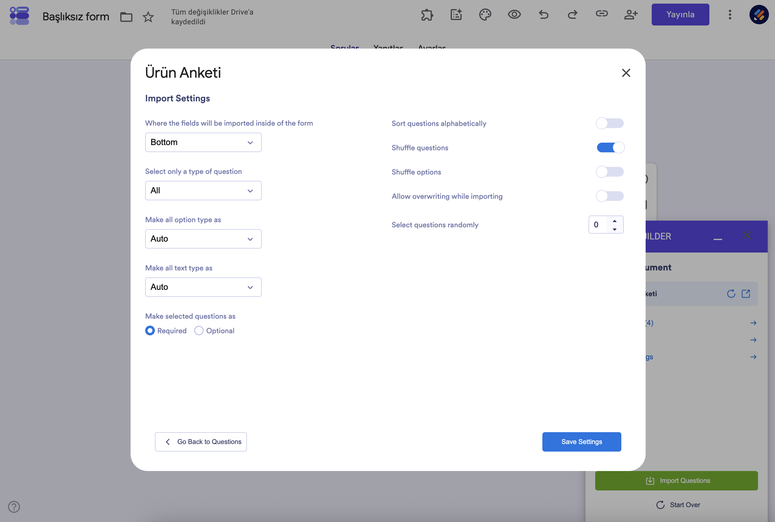 AI Form Builder İçe Aktarma Ayarları menüsü