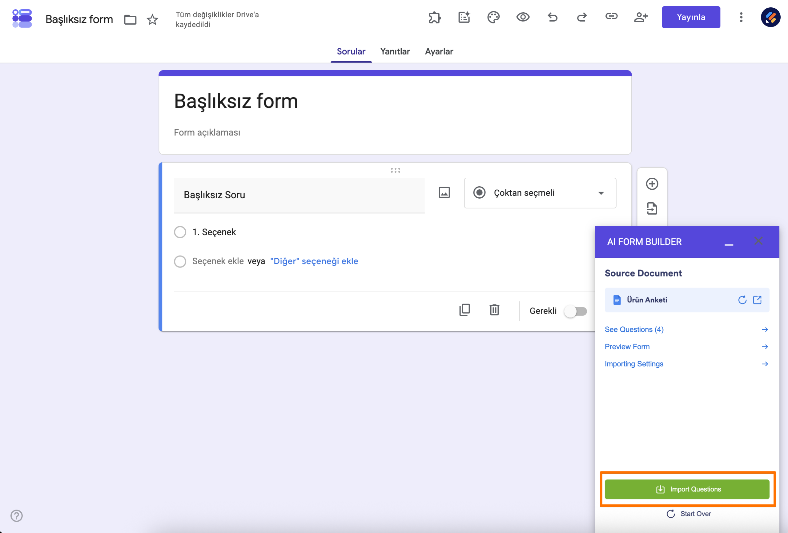 AI Form Builder Soruları İçe Aktar Butonu