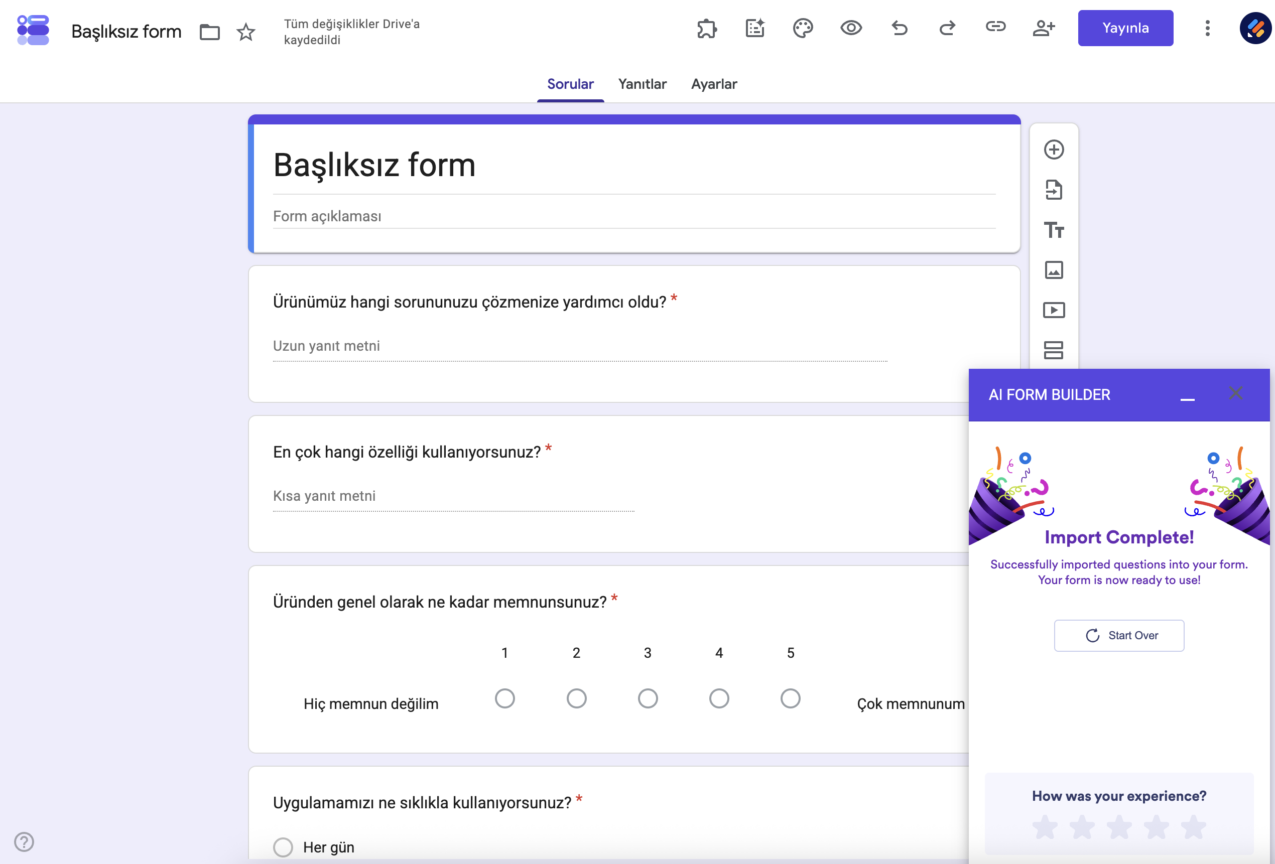 AI Form Builder İçe Aktarma Tamamlandı Ekranı