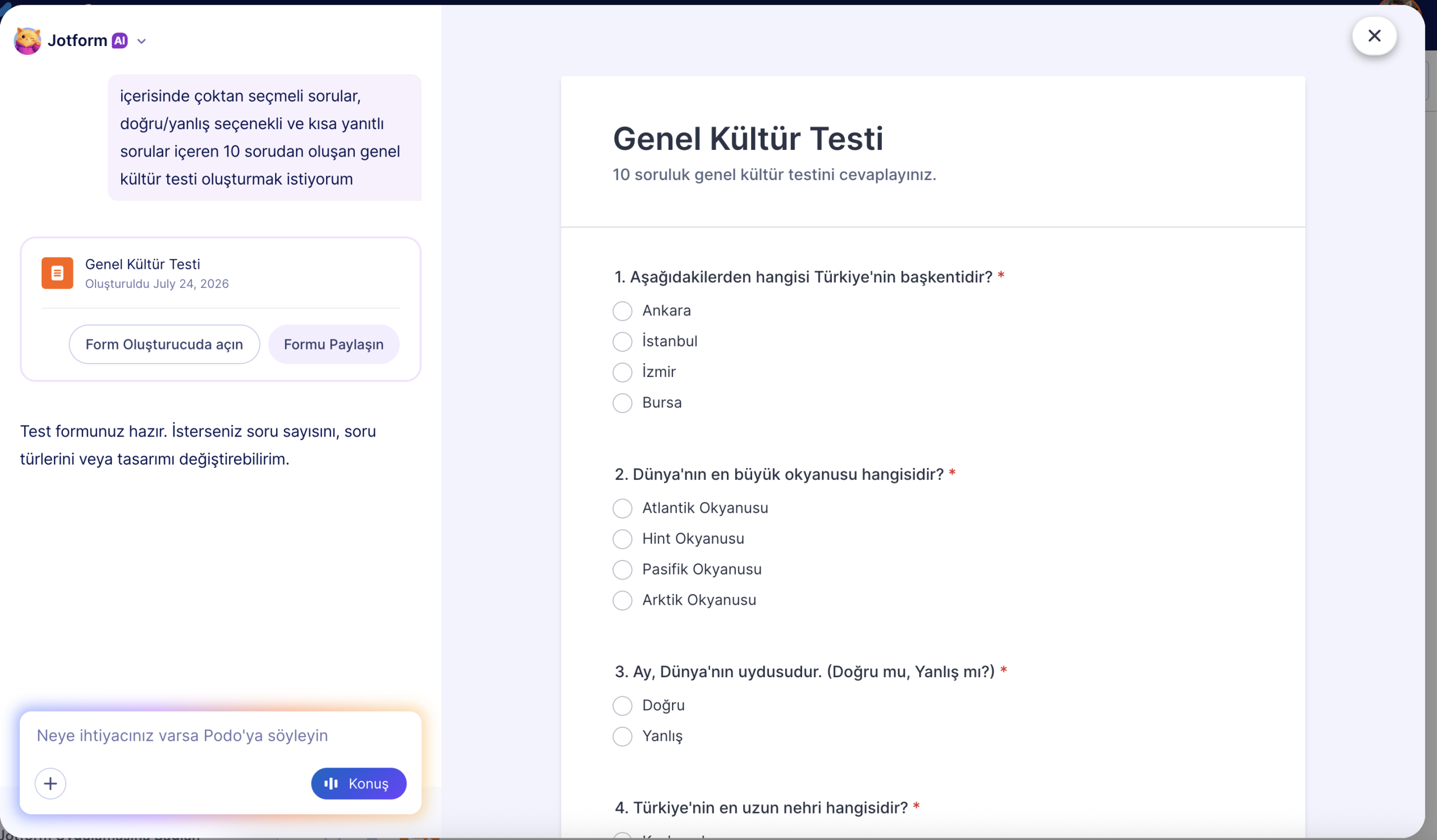 Jotform Çalışma Alanı Yapay Zeka Chatbot Açılır Penceresi