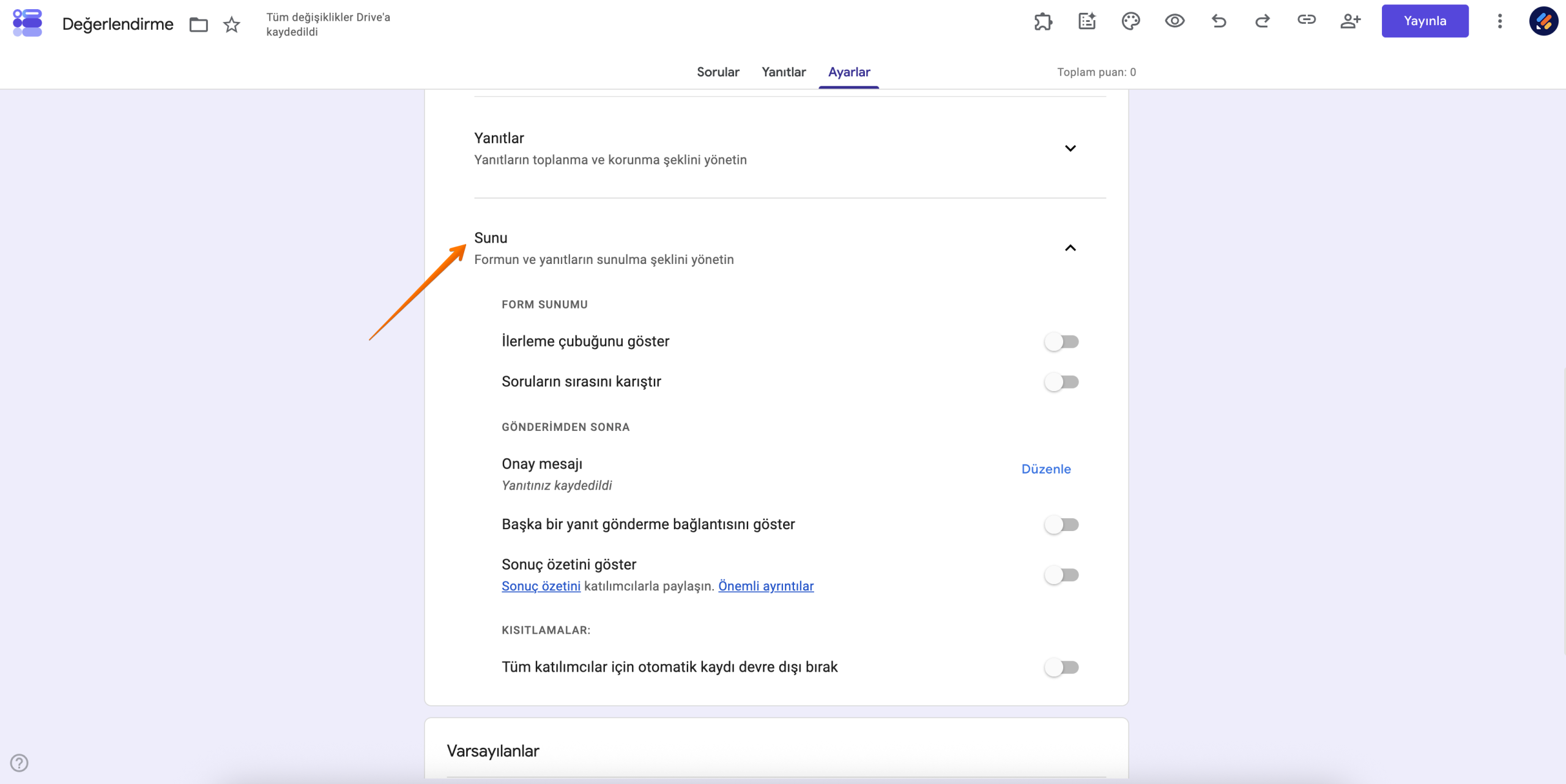 Google Formlar Ayarlar sekmesi